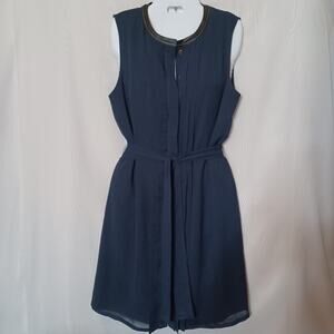 DIANE VON FURSTENBERG Navy Blue  Leather Trim  Pleated Front Dress. 10